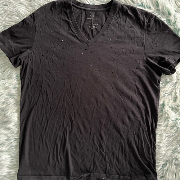 Luxury V Neck, Armani Exchange, Black T-shirt With Black Glitter Accents. - Picture 1 of 7